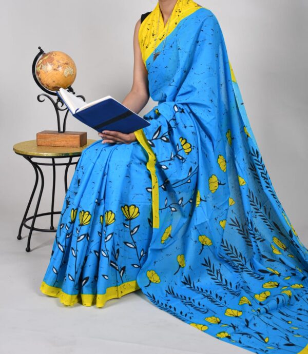New Hand Block Mulmul Cotton Saree with Blouse Piece - Image 5