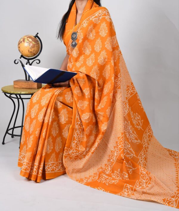 New Hand Block Mulmul Cotton Saree with Blouse Piece - Image 2