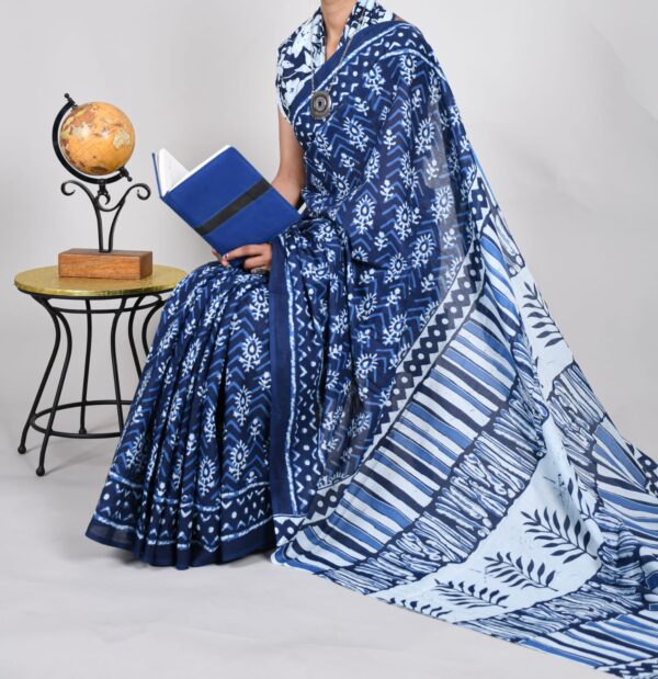 New Hand Block Mulmul Cotton Saree with Blouse Piece - Image 5