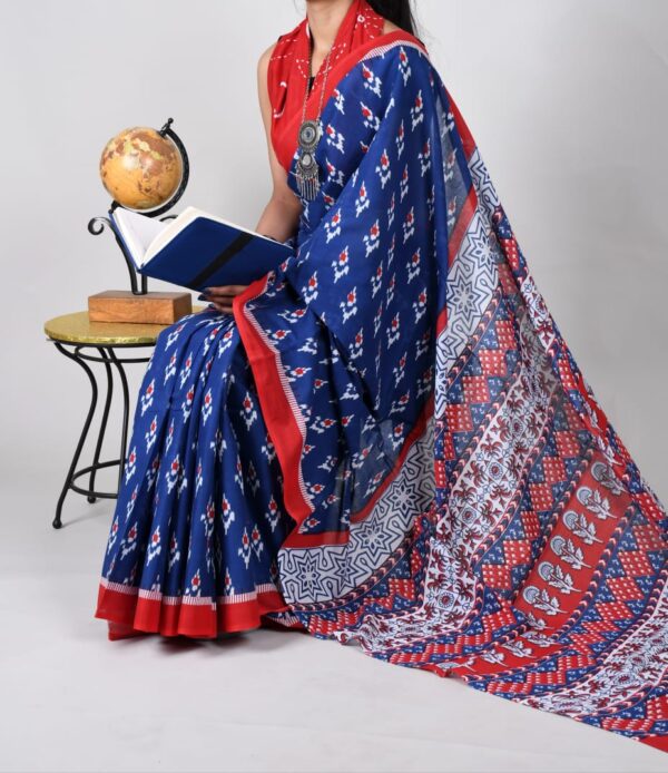 New Hand Block Mulmul Cotton Saree with Blouse Piece - Image 3