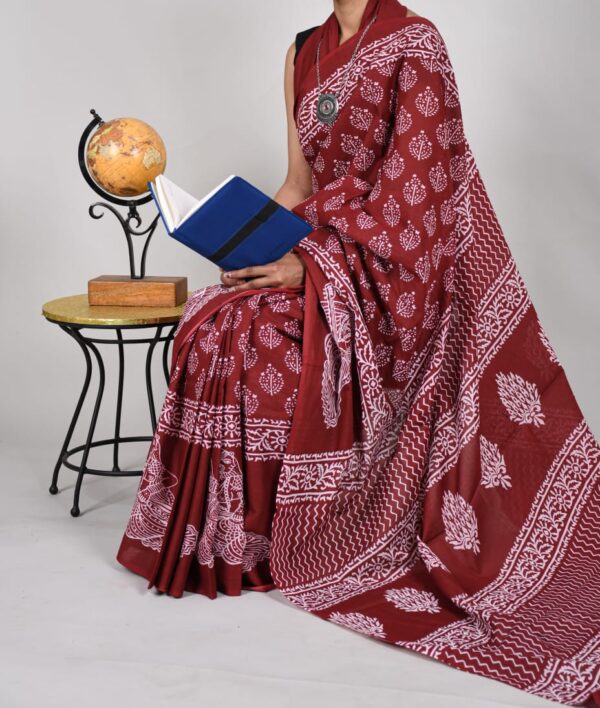 New Hand Block Mulmul Cotton Sarees with Blouse piece - Image 3