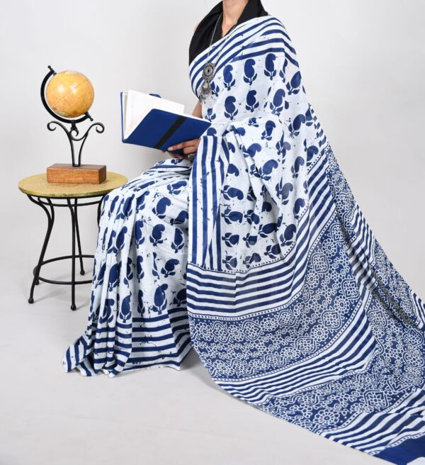 New Hand Block Mulmul Cotton Saree with Blouse Piece - Image 4