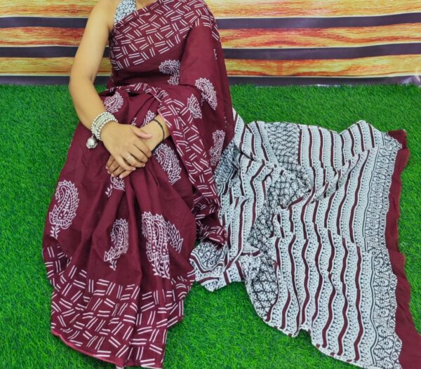 New Hand Block Mulmul Cotton Saree with Blouse Piece - Image 6