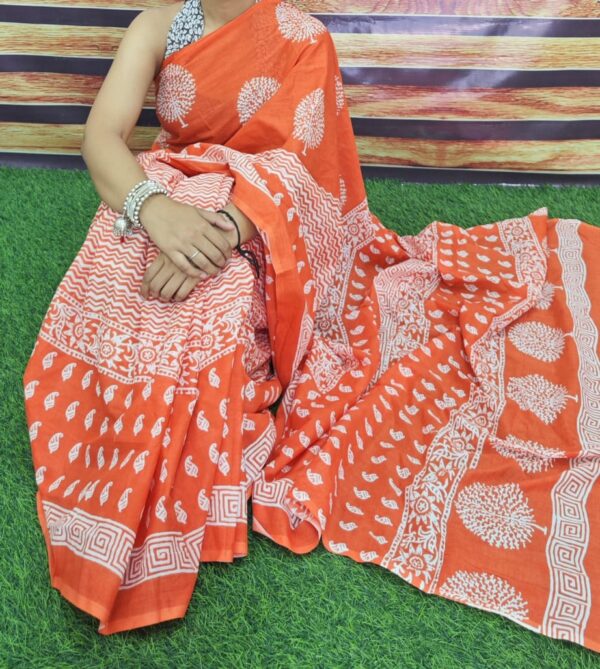 New Hand Block Mulmul Cotton Saree with Blouse Piece - Image 6