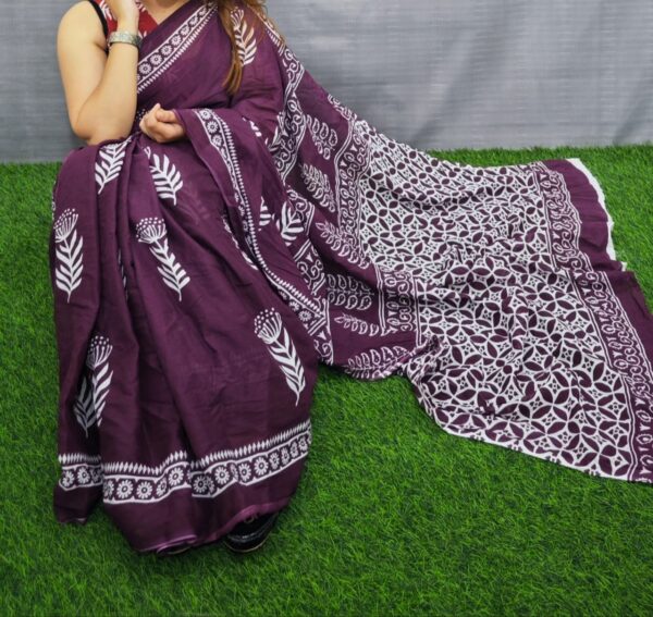 New Hand Block Mulmul Cotton Saree with Blouse Piece - Image 5
