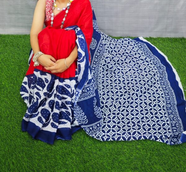 New Hand Block Mulmul Cotton Saree with Blouse Piece - Image 4