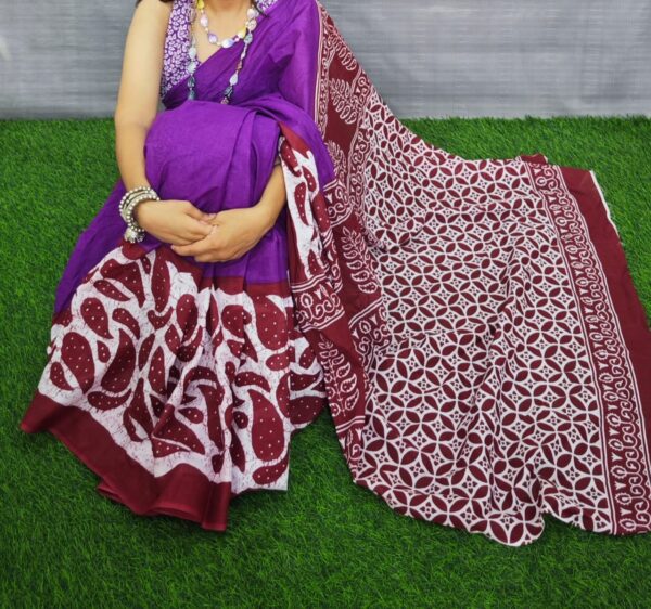 New Hand Block Mulmul Cotton Saree with Blouse Piece - Image 3