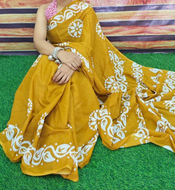 New Hand Block Mulmul Cotton Saree with Blouse Piece - Image 5