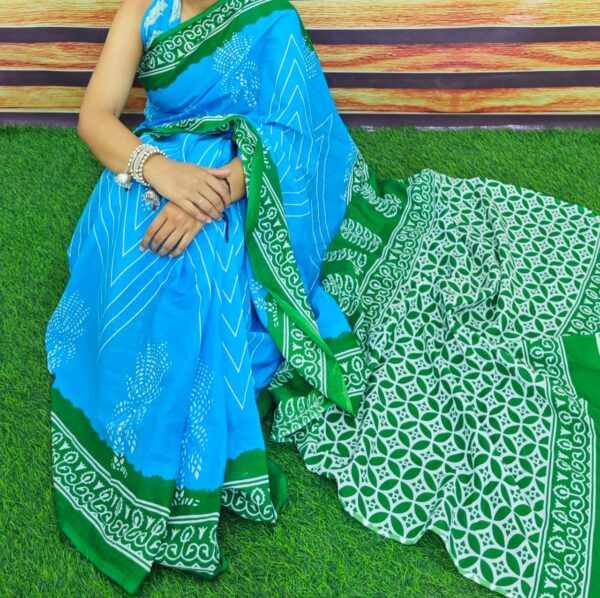 New Hand Block Mulmul Cotton Saree with Blouse Piece - Image 5