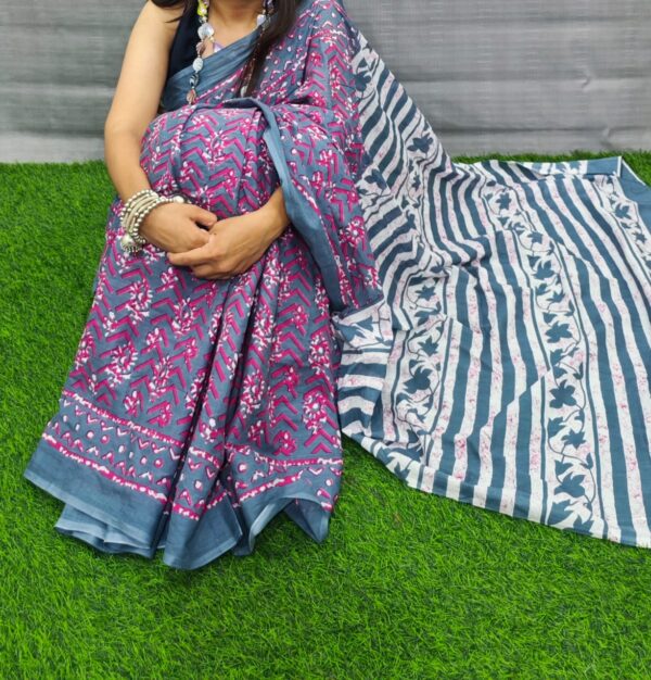 New Hand Block Mulmul Cotton Saree with Blouse Piece - Image 5