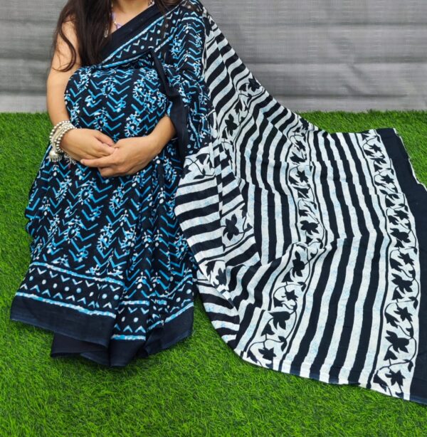 New Hand Block Mulmul Cotton Saree with Blouse Piece - Image 2