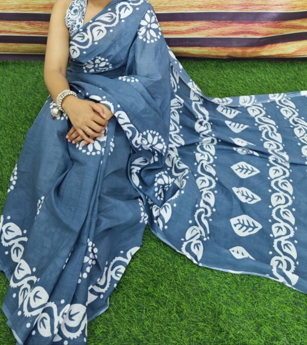 New Hand Block Mulmul Cotton Saree with Blouse Piece - Image 6