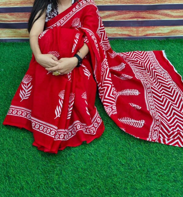 New Hand Block Mulmul Cotton Saree with Blouse Piece
