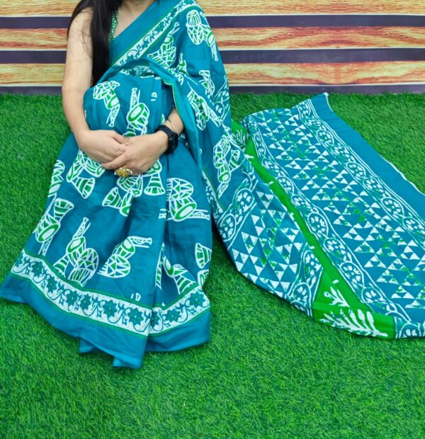 New Hand Block Mulmul Cotton Saree with Blouse Piece - Image 4