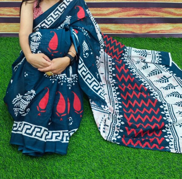 New Hand Block Mulmul Cotton Saree with Blouse Piece - Image 2