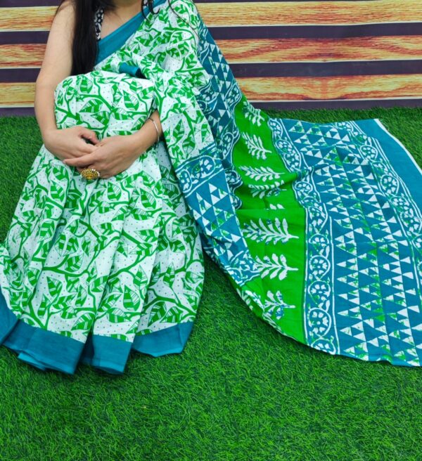 New Hand Block Mulmul Cotton Saree with Blouse Piece - Image 6