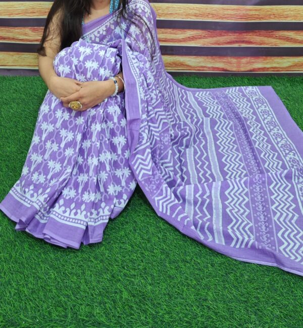 New Hand Block Mulmul Cotton Saree with Blouse Piece - Image 5
