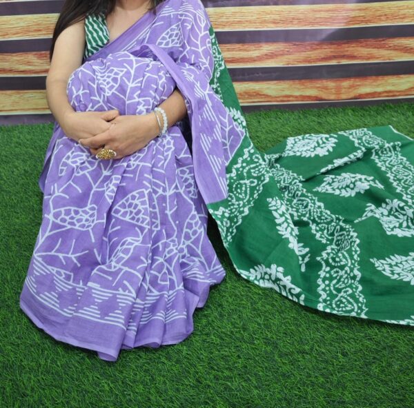 New Hand Block Mulmul Cotton Saree with Blouse Piece - Image 3