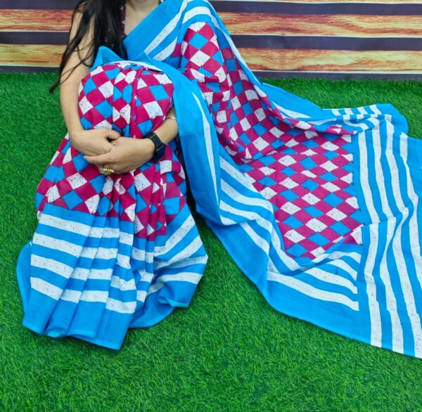 New Hand Block Mulmul Cotton Saree with Blouse Piece - Image 3