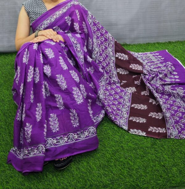 New Hand Block Mulmul Cotton Saree with Blouse Piece - Image 5