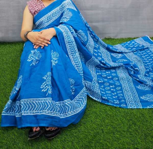 New Hand Block Mulmul Cotton Saree with Blouse Piece - Image 4